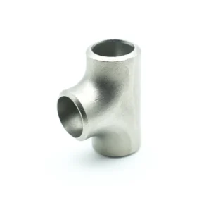 Three-quarter angle view of a stainless steel butt-weld equal tee fitting isolated on white background, showing all three ports