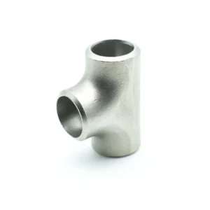 Three-quarter angle view of a stainless steel butt-weld equal tee fitting isolated on white background, showing all three ports