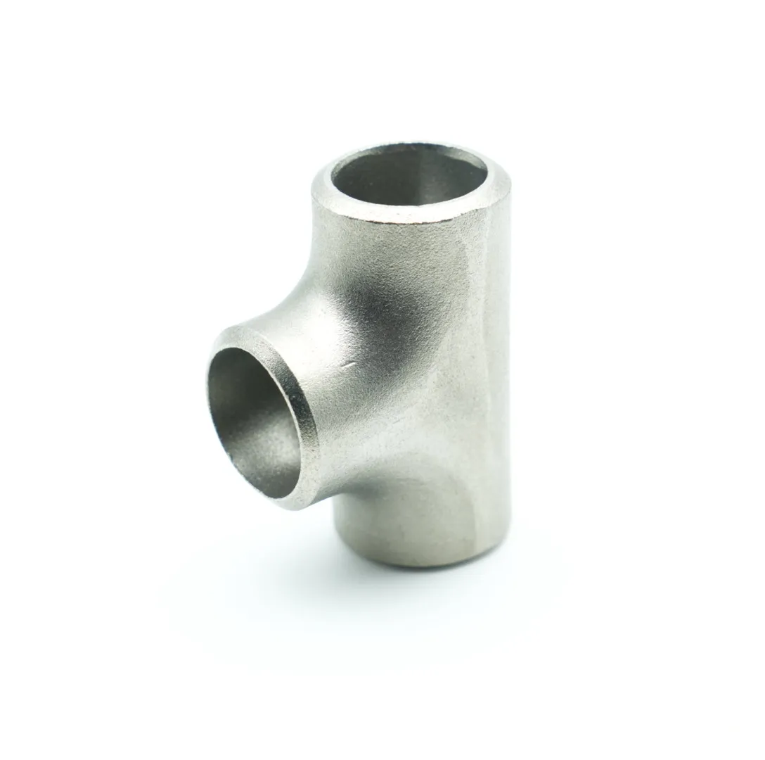 Three-quarter angle view of a stainless steel butt-weld equal tee fitting isolated on white background, showing all three ports