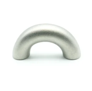 Three-quarter angle view of a stainless steel 180° long radius return bend isolated on white background, showing the U‑shaped geometry