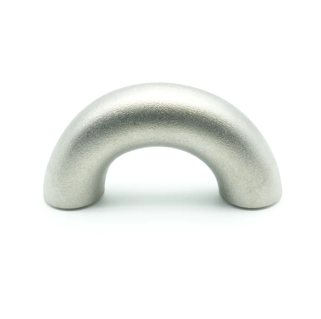 Three-quarter angle view of a stainless steel 180° long radius return bend isolated on white background, showing the U‑shaped geometry