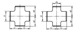 Technical cutaway diagram of a butt-weld cross fitting illustrating the internal four-way intersection and flow paths