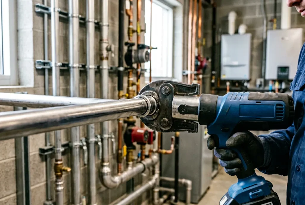 technician installing stainless steel press fitting with press tool