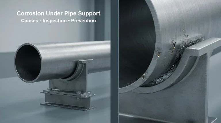Corrosion under pipe support caused by trapped moisture and deposits at the hidden contact area
