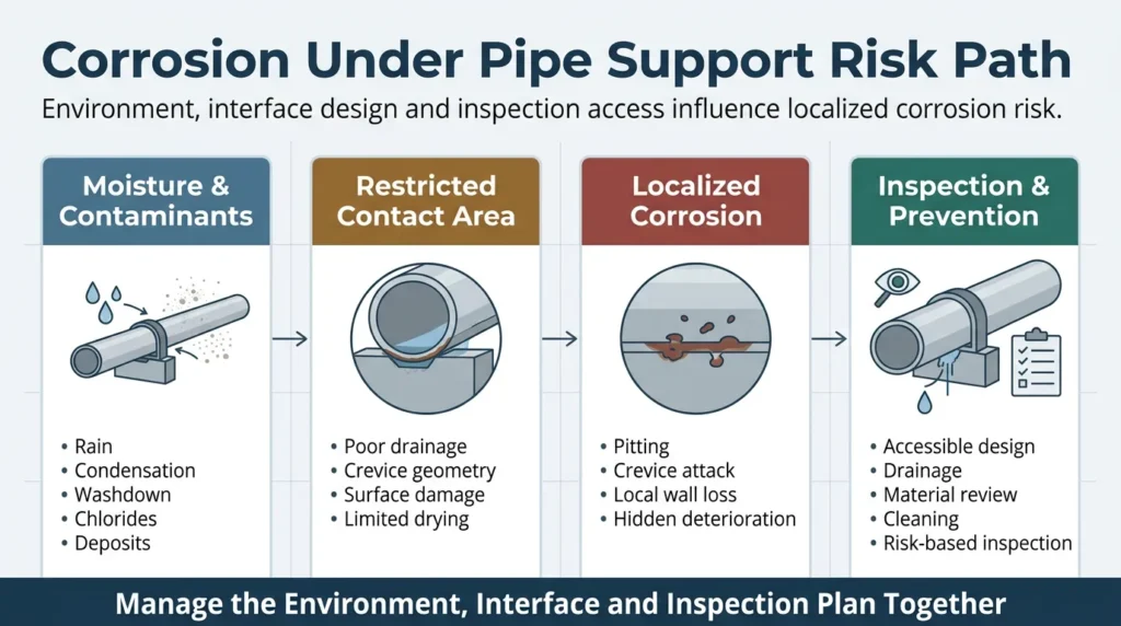 Corrosion under pipe support risk path from moisture and deposits to inspection and prevention