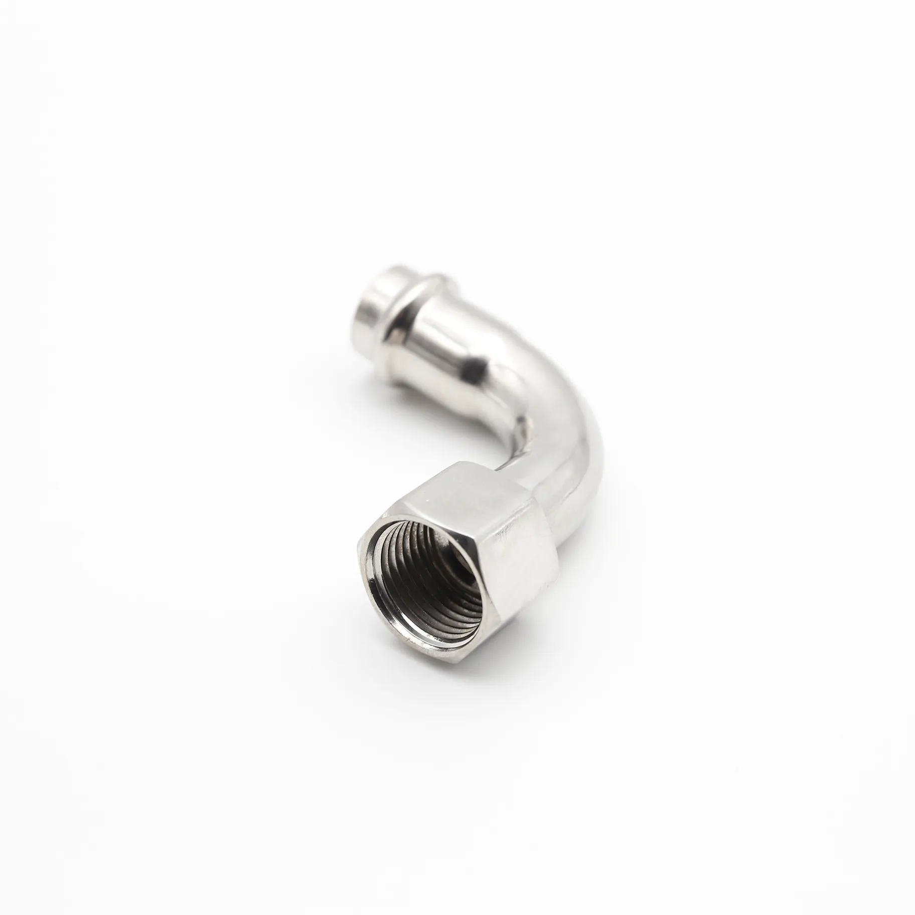 Female threaded end of stainless steel press-fit elbow