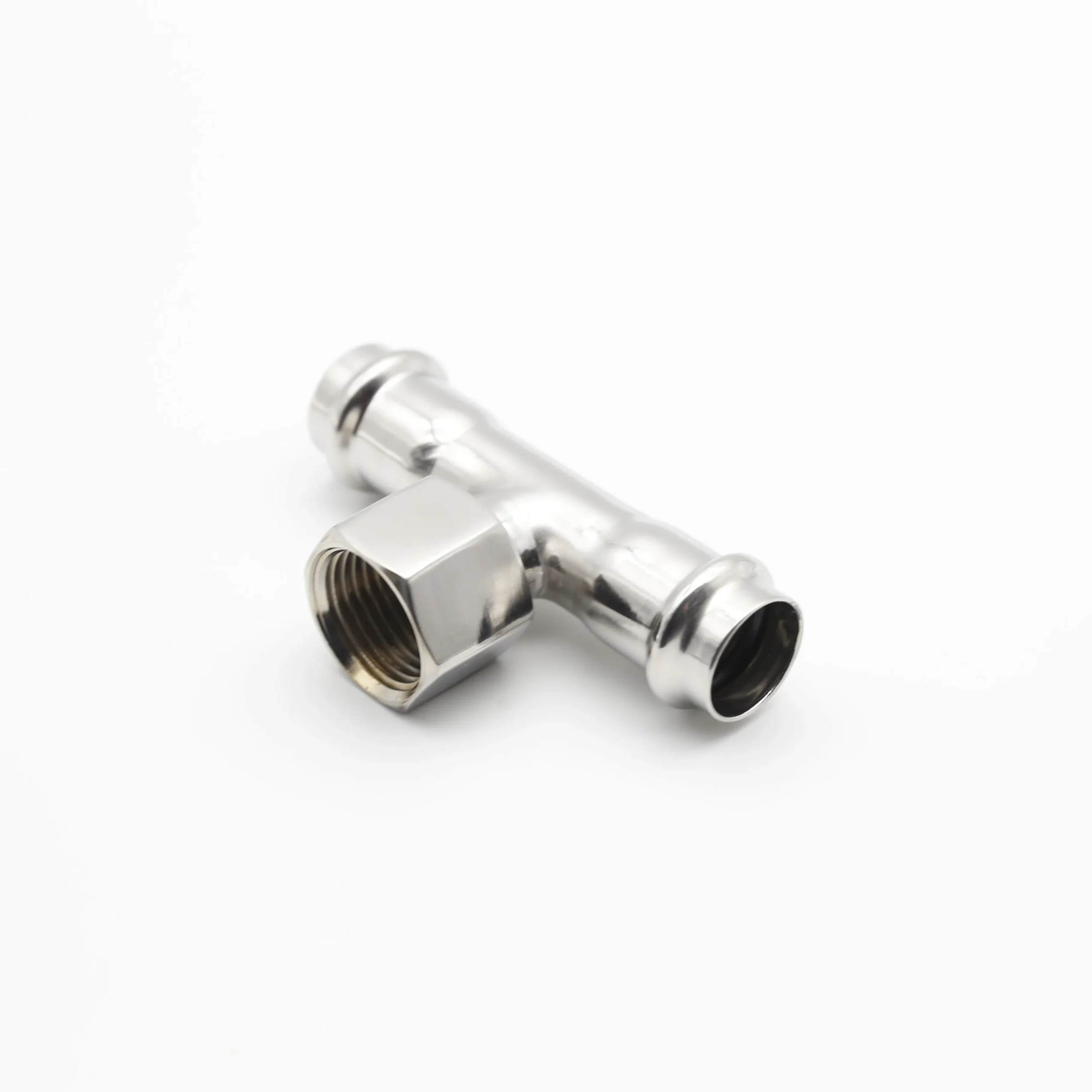 Stainless steel press fit threaded tee with female branch outlet