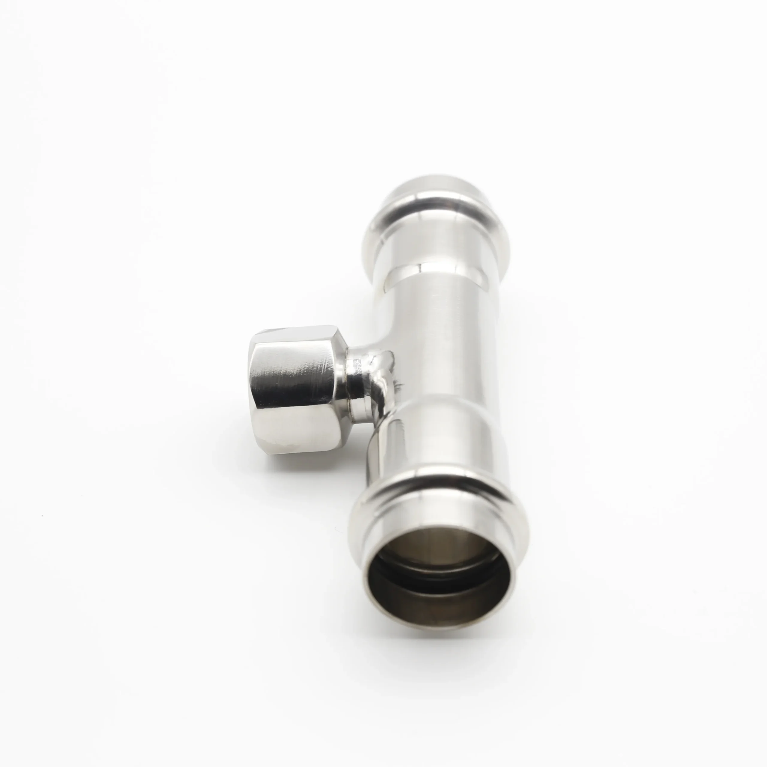 Double press-fit female reducing tee with threaded branch outlet