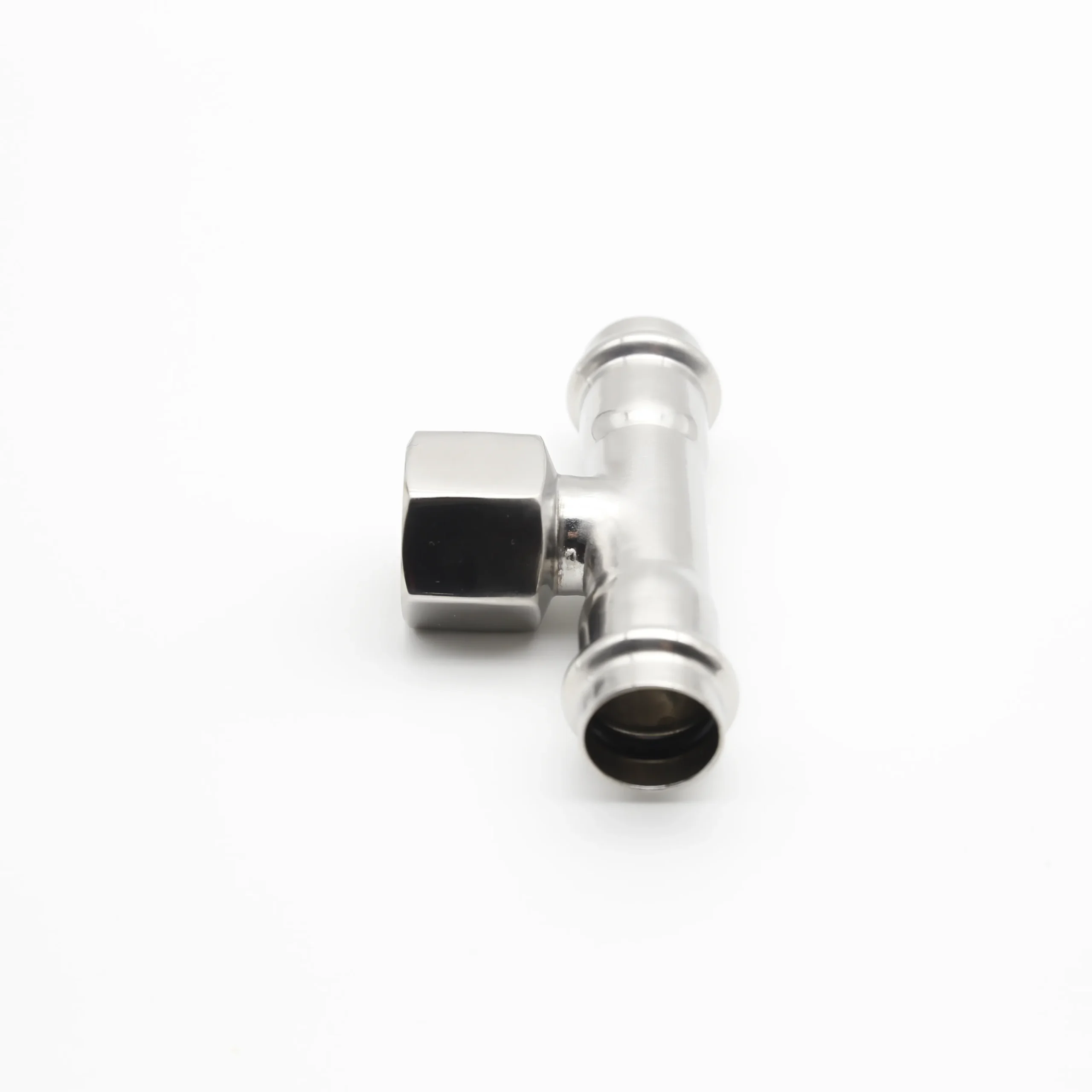Female threaded tee with double-press pipe connection ends