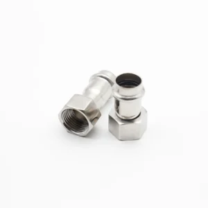 Female stainless steel press-fit threaded union shown in horizontal and upright positions