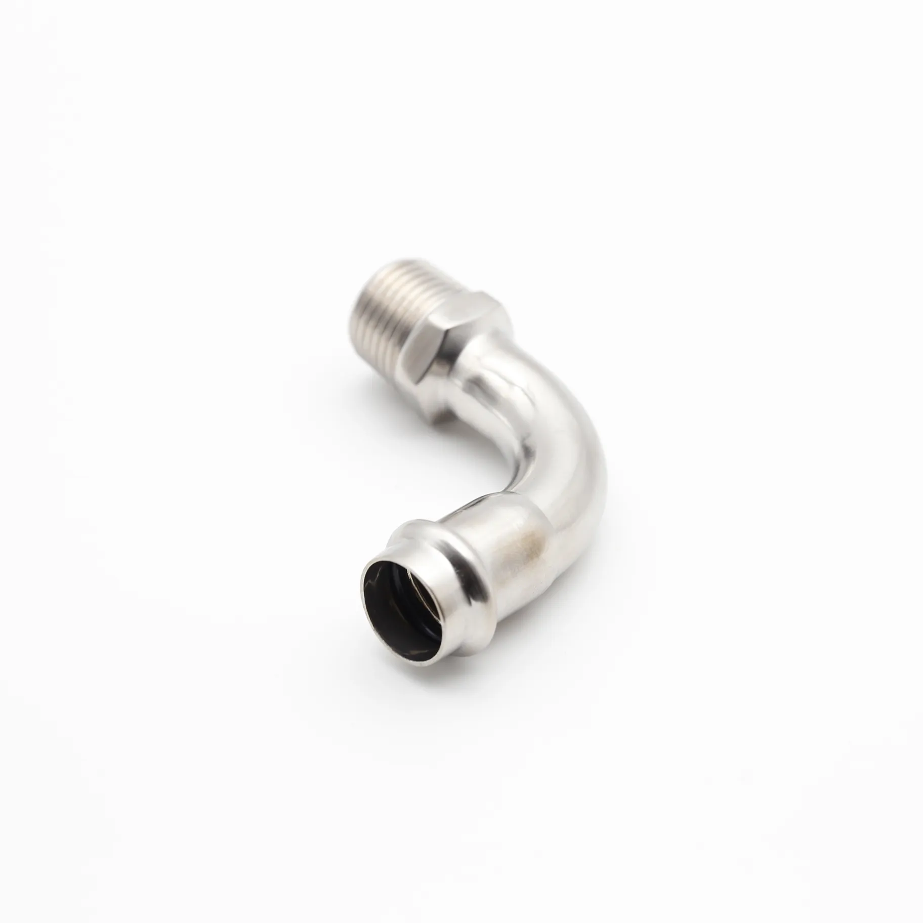 Male press fit threaded elbow with double-press connection