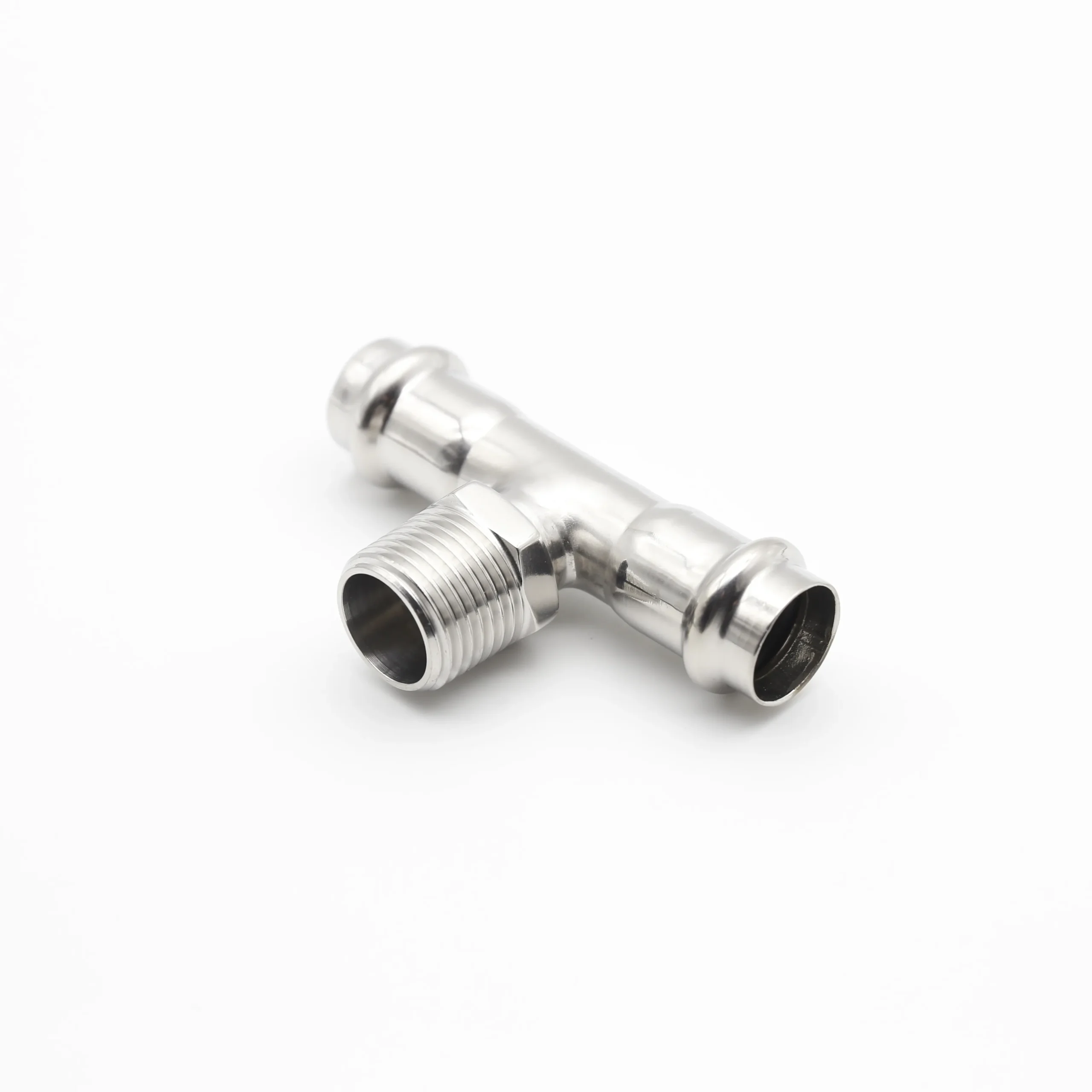 Stainless steel press fit threaded tee with male branch outlet
