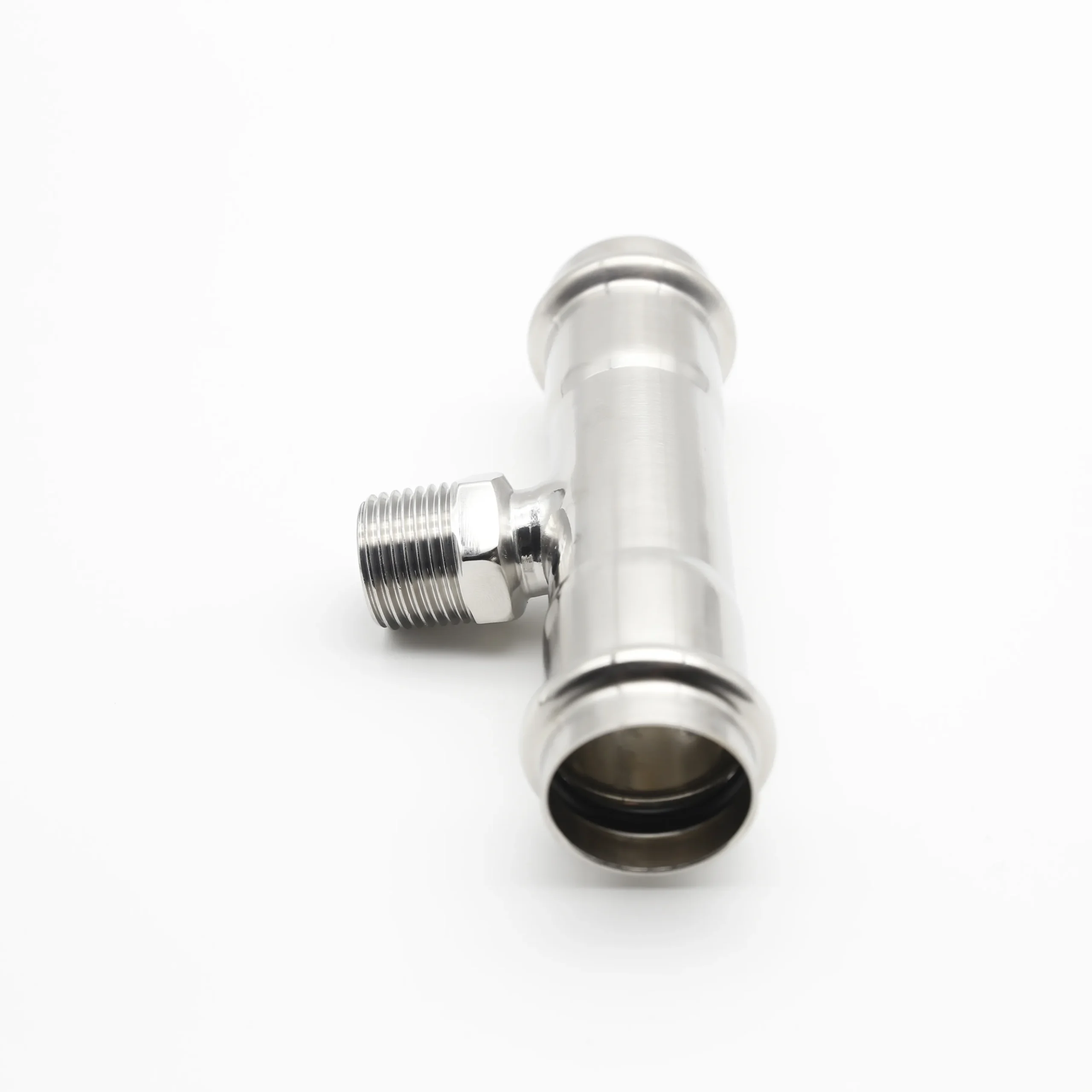 Stainless steel male reducing tee with threaded branch connection