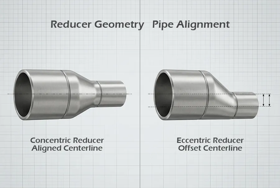 Concentric and eccentric reducer geometry with aligned and offset pipe centerlines