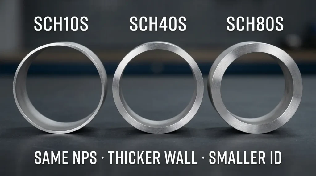 Stainless steel pipe cross sections comparing Schedule 10S, 40S and 80S wall thickness