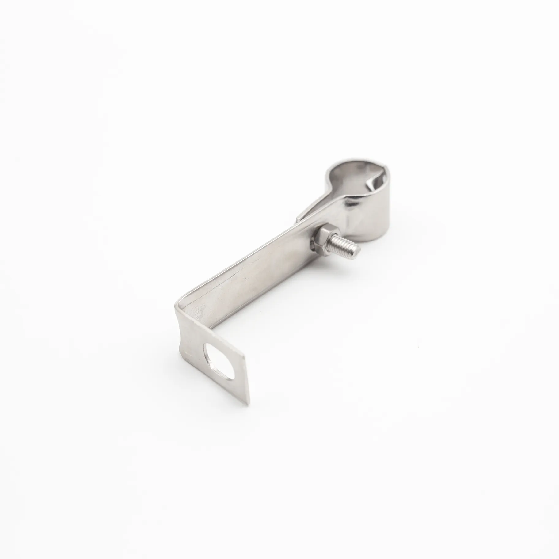 Mounting bracket end of a single stainless steel pipe clamp
