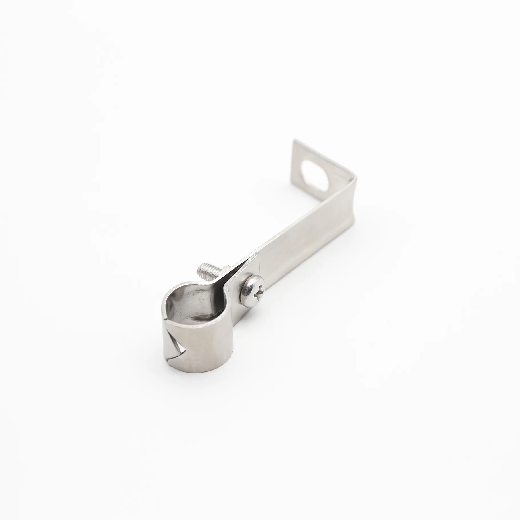 Single-pipe stainless steel mounting clamp viewed from the clamp end