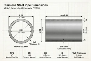 Stainless steel pipe dimensions showing NPS, DN, OD and wall thickness
