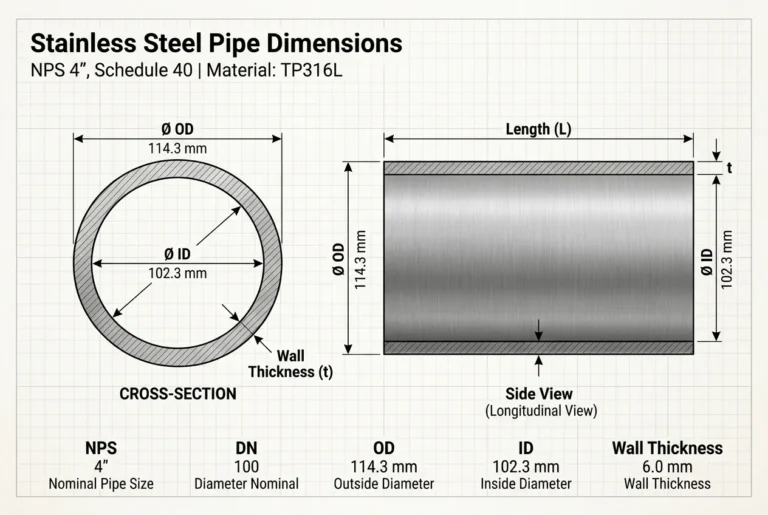 Stainless steel pipe dimensions showing NPS, DN, OD and wall thickness