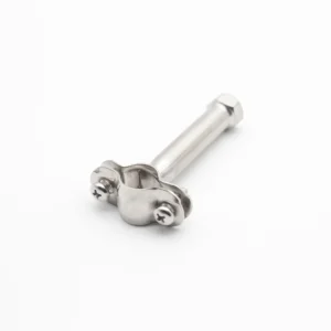Threaded standoff stainless steel pipe clamp viewed from the clamp end
