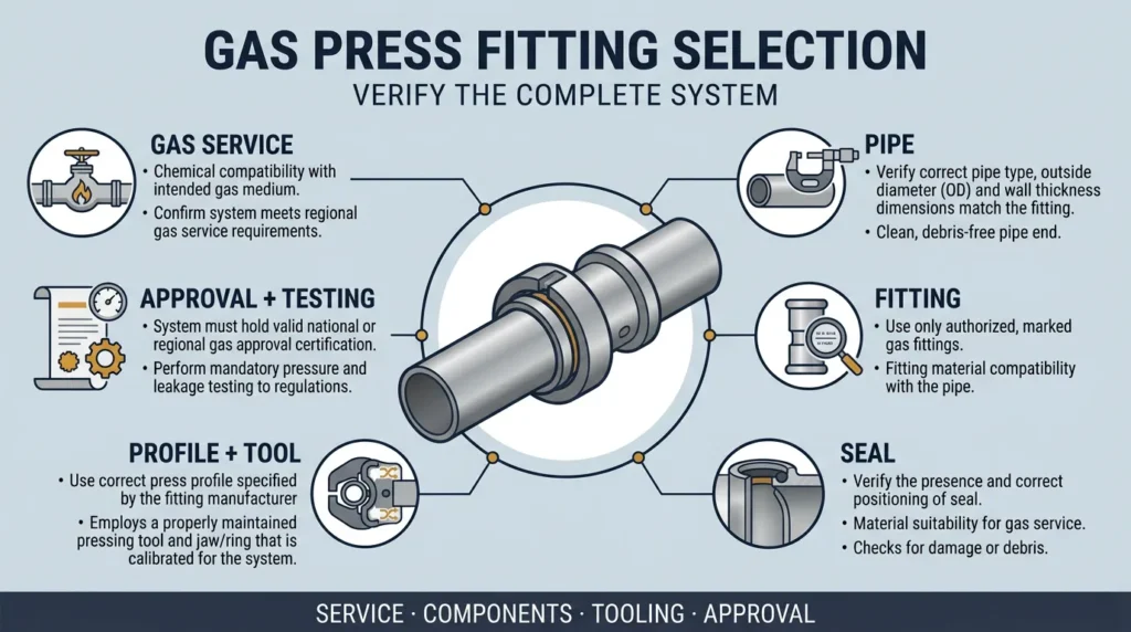 Technical diagram showing gas press fitting system compatibility and verification factors