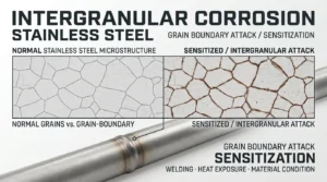 Intergranular corrosion in stainless steel showing grain boundary attack and sensitization
