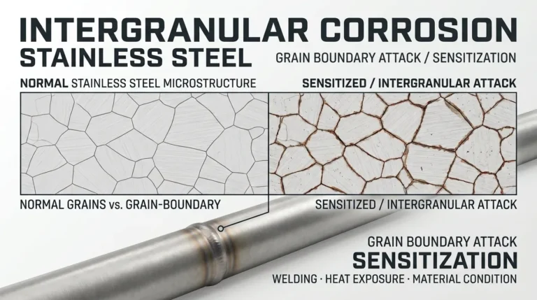 Intergranular corrosion in stainless steel showing grain boundary attack and sensitization