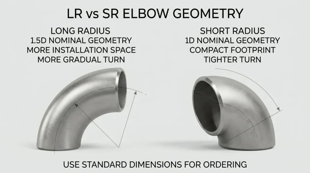 LR and SR elbow centerline radius and installation footprint comparison