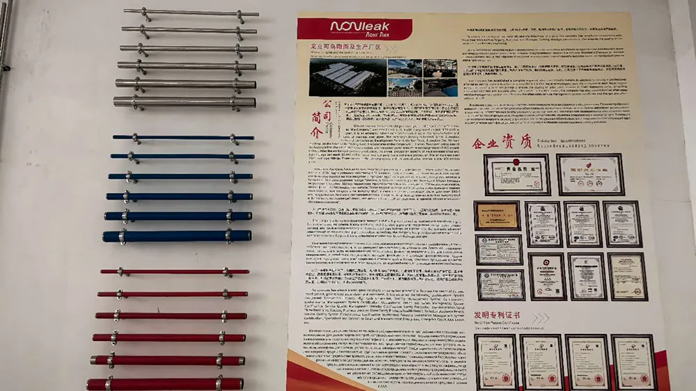 Pipe samples and company information displayed at the Nonleak Uzbekistan showroom