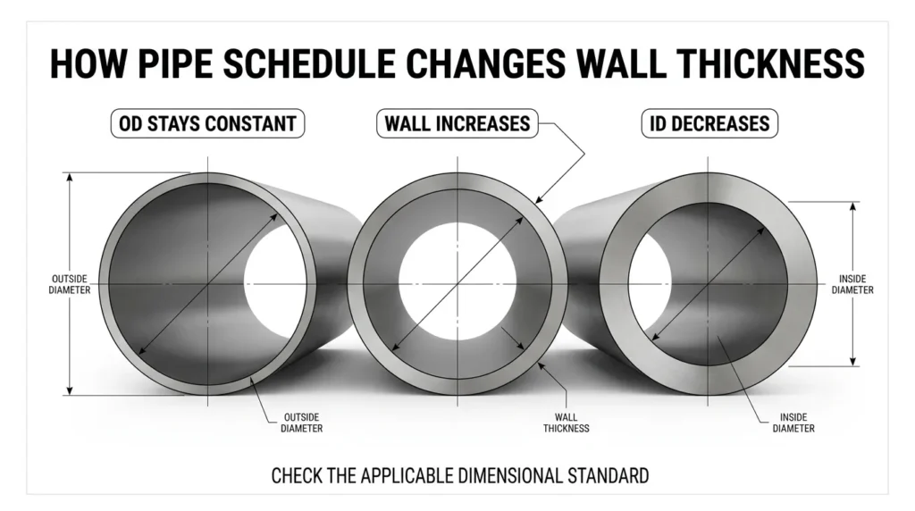 Pipe schedule wall thickness diagram showing constant outside diameter and decreasing inside diameter