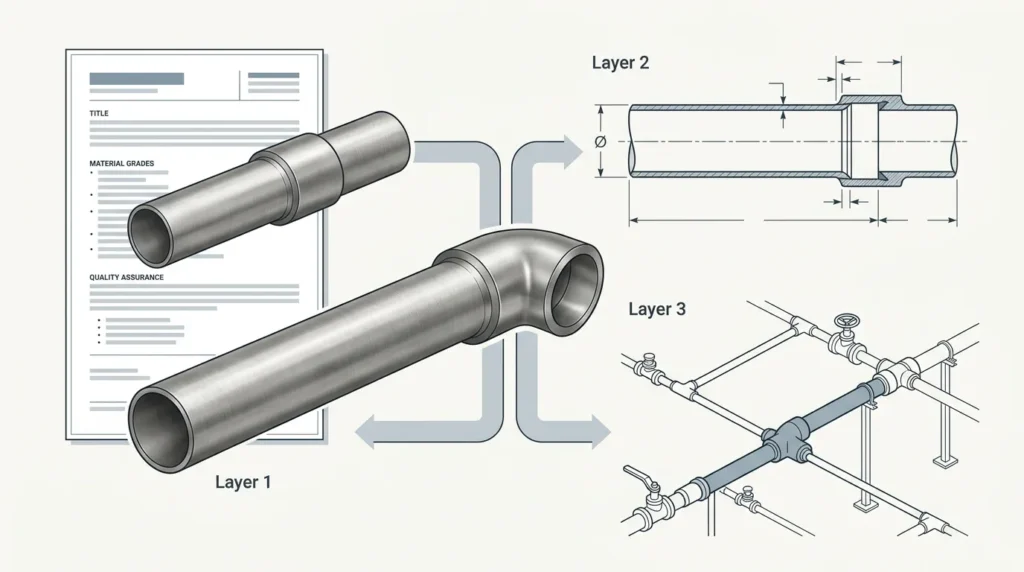 Product specification dimensional standard and piping code layers for stainless steel piping