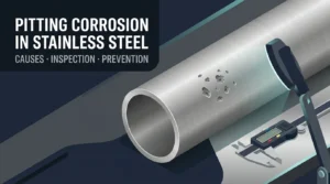 Animated illustration of pitting corrosion in stainless steel pipe during inspection