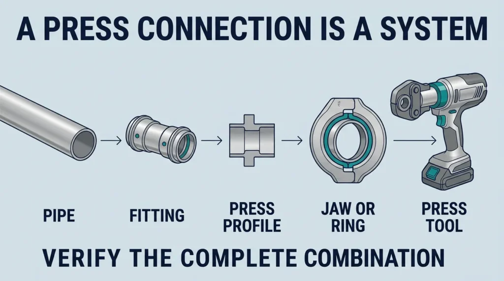 Press fitting system compatibility diagram showing pipe fitting profile jaw and tool