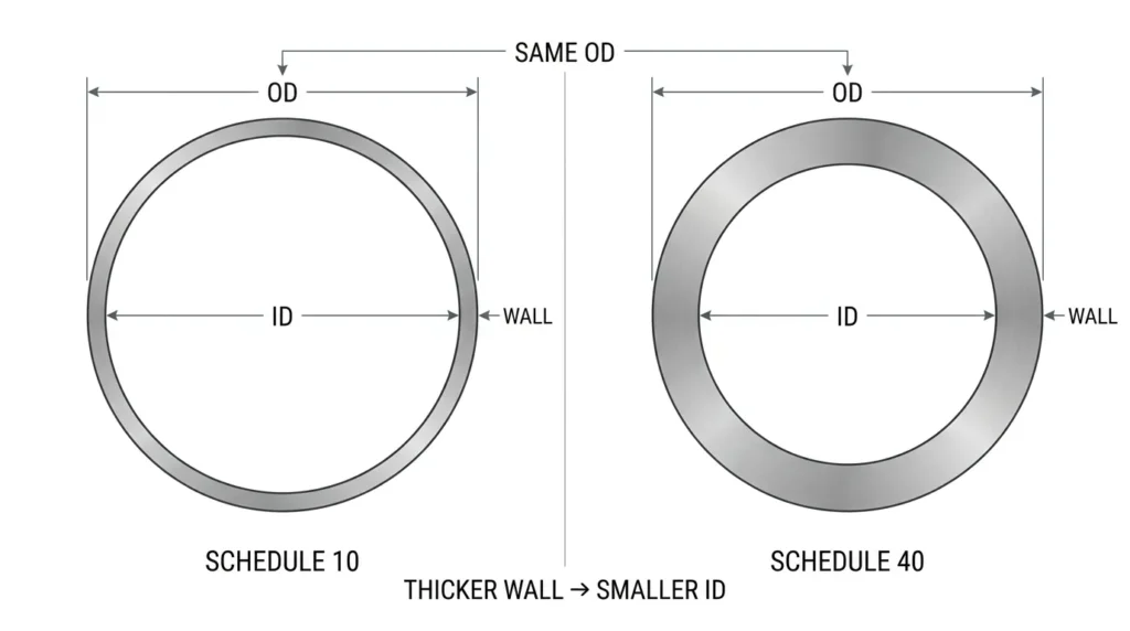 Schedule 10 vs Schedule 40 pipe wall thickness and inside diameter comparison