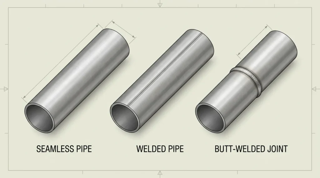 Difference between seamless pipe welded pipe and a butt welded piping joint