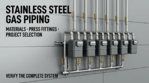 Small-diameter stainless steel gas piping and press fittings connected to a commercial gas meter bank