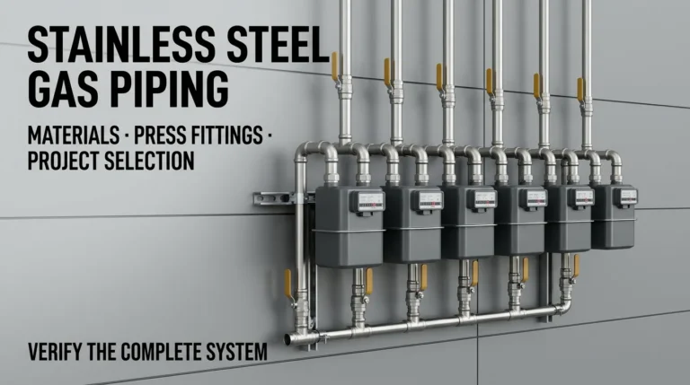 Small-diameter stainless steel gas piping and press fittings connected to a commercial gas meter bank