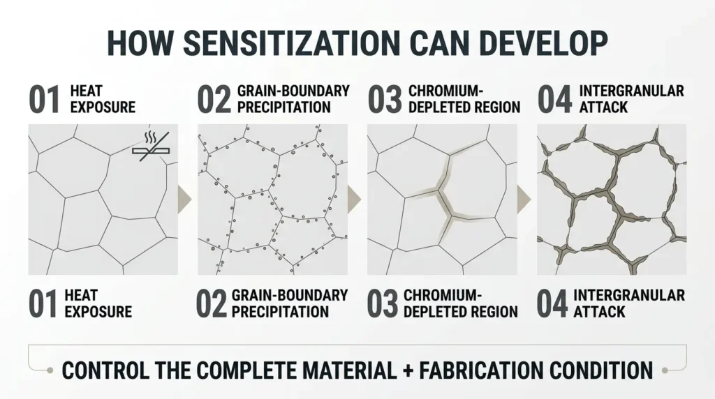 Stainless steel sensitization process leading to chromium-depleted grain boundaries and intergranular attack