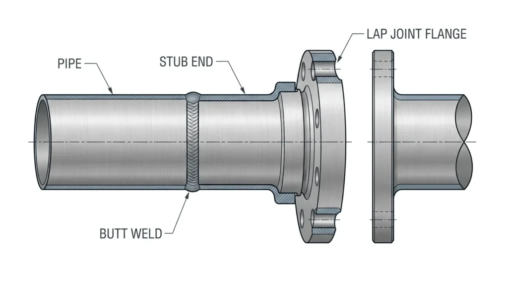 Pipe stub end and lap joint flange assembly showing butt weld connection