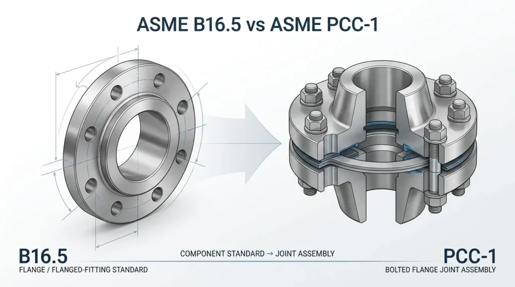 ASME B16.5 flange component compared with a complete bolted flange joint assembly