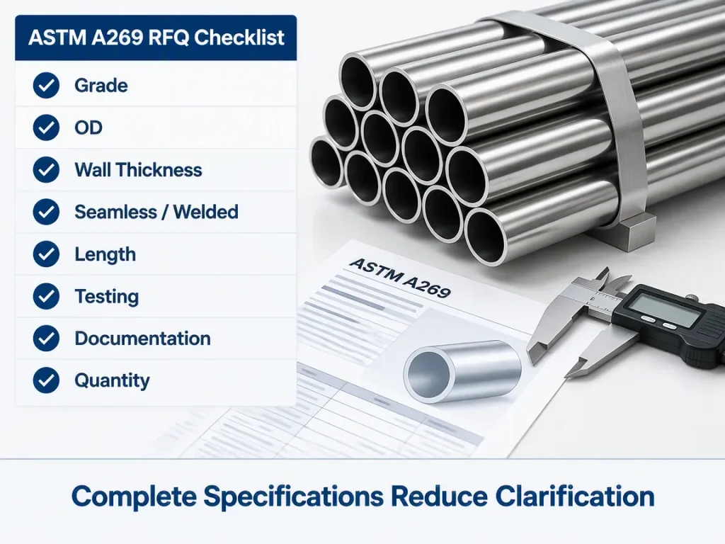 ASTM A269 tubing RFQ checklist for grade, OD, wall thickness, manufacture, testing and documentation