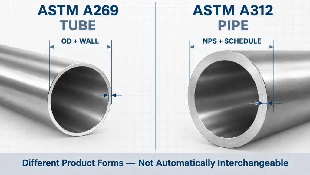 ASTM A269 tubing specified by OD and wall compared with ASTM A312 pipe specified by NPS and schedule