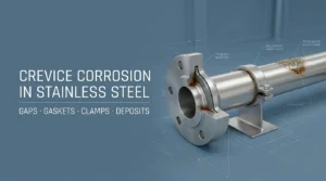 Crevice corrosion in stainless steel piping under a gasket clamp and shielded interface
