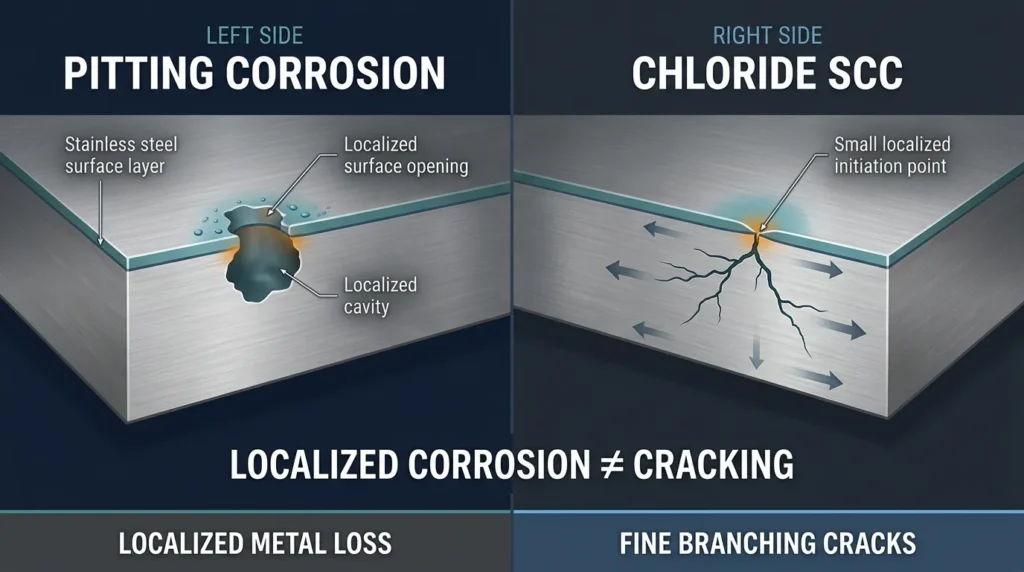 Pitting corrosion vs chloride stress corrosion cracking in stainless steel showing localized pits and branching cracks