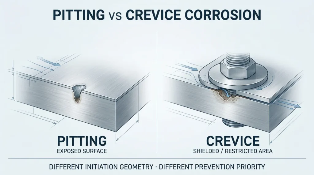 Pitting corrosion compared with crevice corrosion in stainless steel