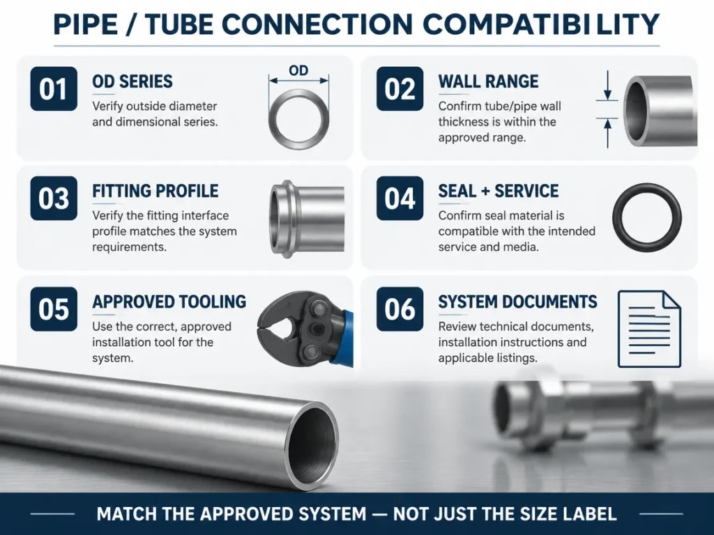 Six pipe and tube fitting compatibility checks covering OD, wall, fitting profile, seal, tooling and documentation