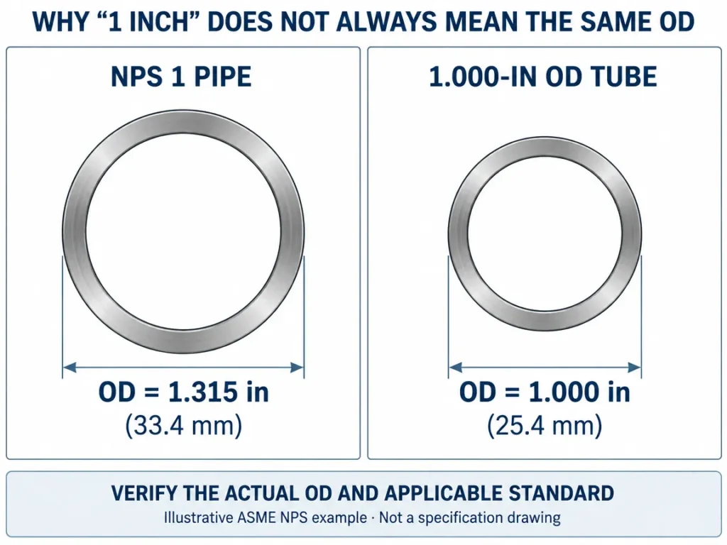 NPS 1 pipe OD of 1.315 inches compared with a tube specified as 1.000 inch OD