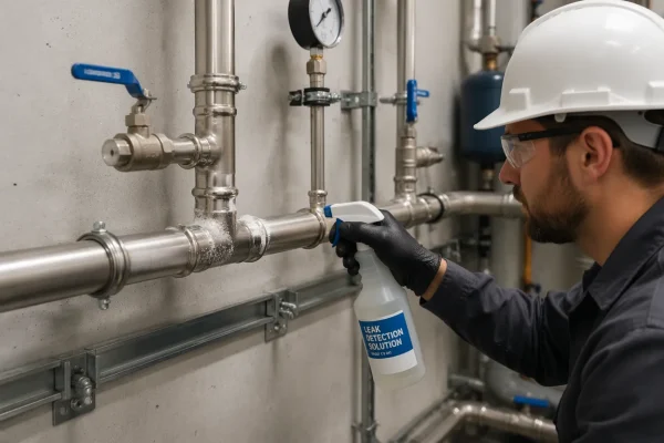 Bubble leak test on double-press stainless steel pipe fitting connections